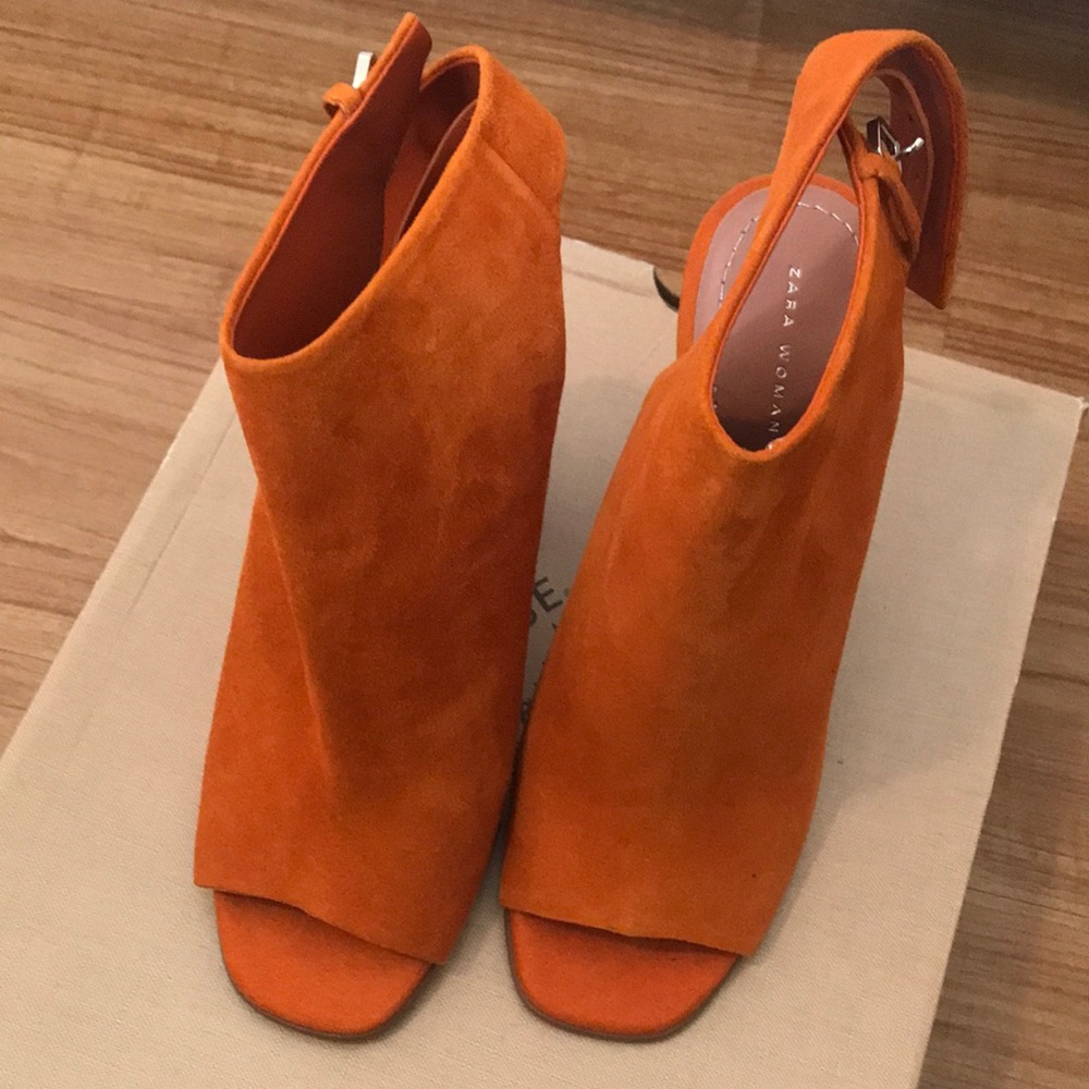 Zara Orange Suede Leather Open Toe Ankle Block Heels.